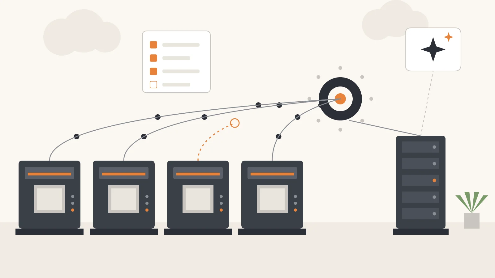Flat illustration of four factory machines sending data along lines to a central hub and a server, with one machine's line broken off in orange, a checklist card above, and an AI sparkle icon beside the server.
