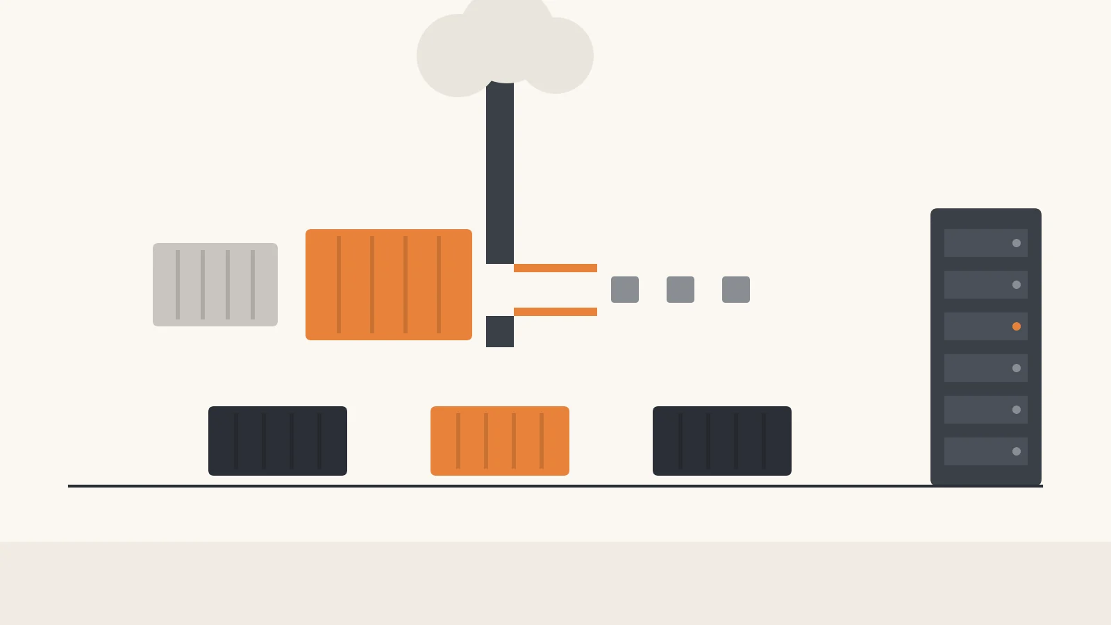 Illustration of a large orange shipping container stuck in front of a narrow gate under a cloud, while smaller containers travel along a separate direct track to a server rack.