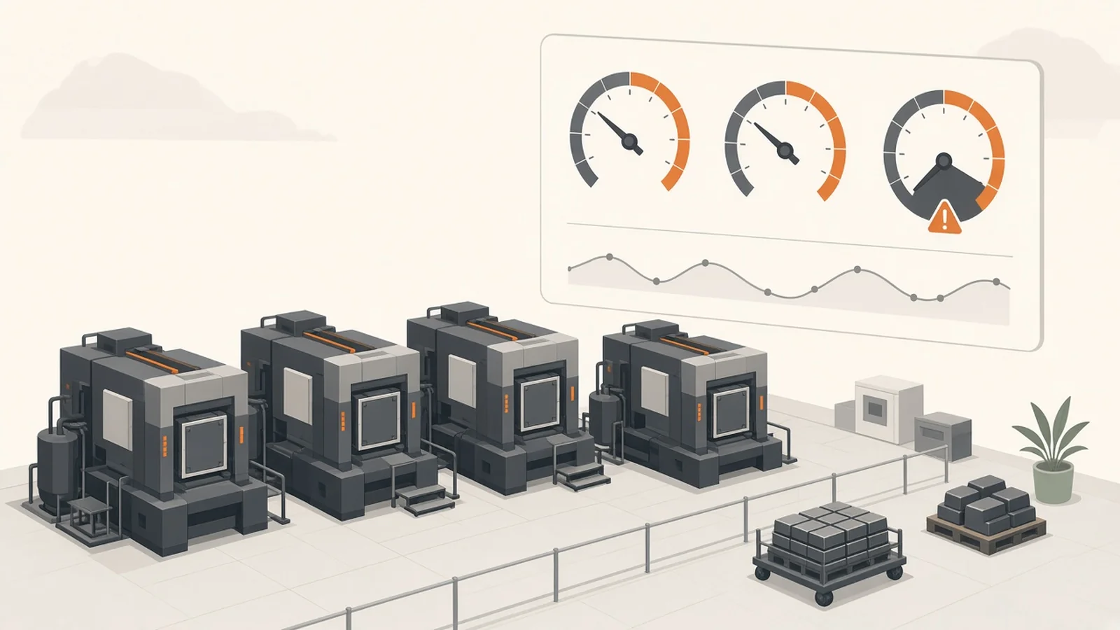 Illustration of four die-casting machines on a factory floor beneath a dashboard of three OEE gauges, one showing a warning.